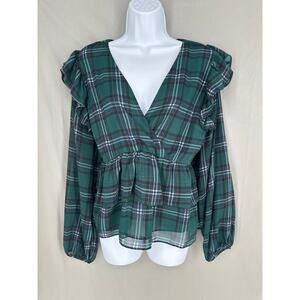 Torrid Top Womens 1X Green Plaid Tartan Ruffle Blue V Neck Long Sleeve Academia